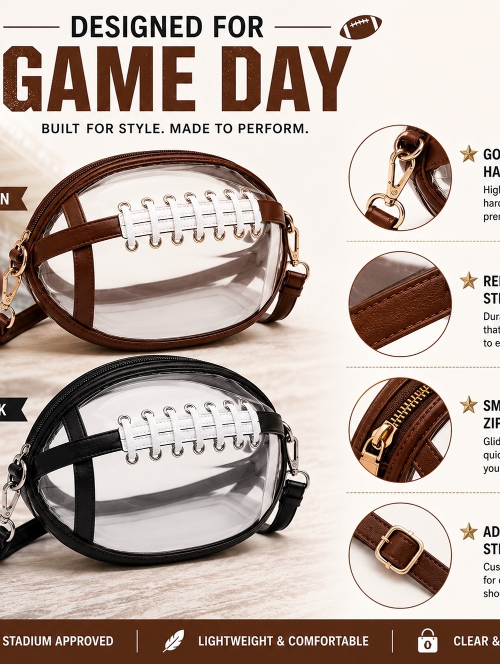 Football-Shaped Clear Crossbody Bag Stadium Approved Brown Purse - Picture 9 of 13